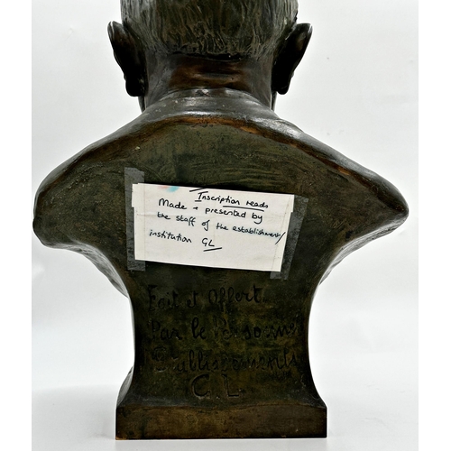 603 - Good quality turn of the century French bronze bust, with 'Made and presented by the staff of the es... 