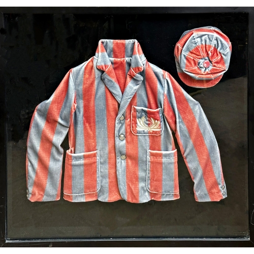 1591 - Vintage framed diorama of a candy striped school cap and blazer, the blazer top pocket stitched with... 