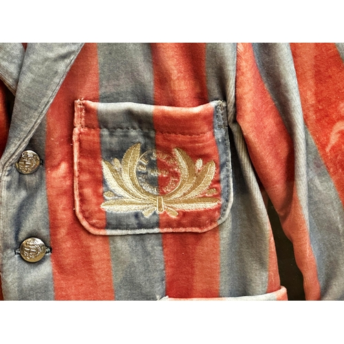 1591 - Vintage framed diorama of a candy striped school cap and blazer, the blazer top pocket stitched with... 