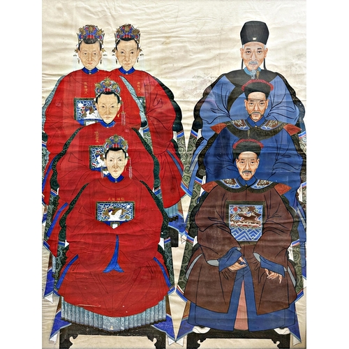 536 - 19th century Chinese school- Ancestor portrait comprising four women and three men all in ceremonial... 