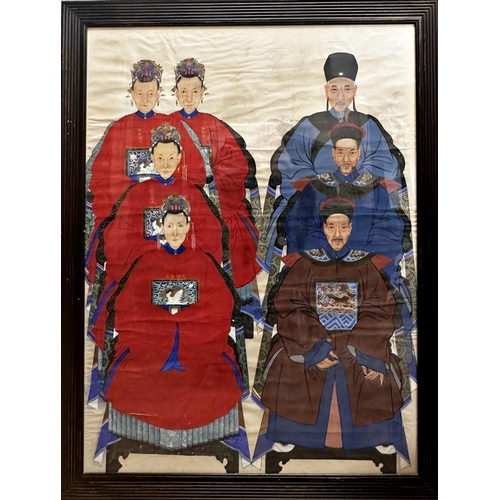 536 - 19th century Chinese school- Ancestor portrait comprising four women and three men all in ceremonial... 