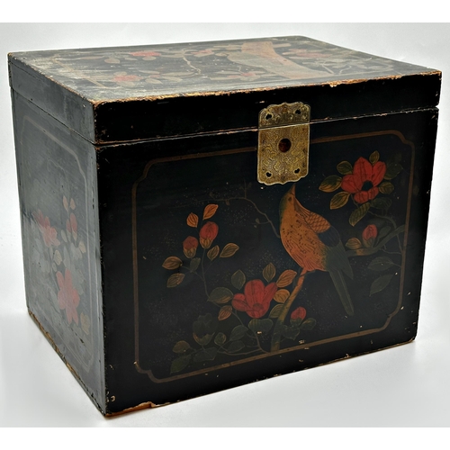 514 - Indian lacquered casket, decorated with birds amidst foliage, 29 x 35cm