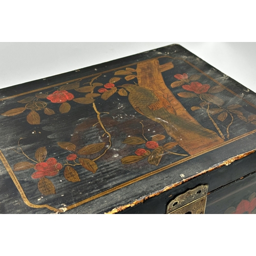 514 - Indian lacquered casket, decorated with birds amidst foliage, 29 x 35cm