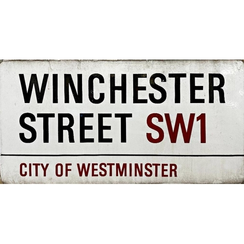 1021 - Vintage enamel London street sign 'Winchester Street SW1' from the City of Westminster, 44cm x 89cm