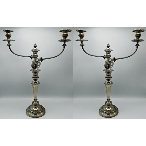 349 - Pair of Georgian style silver plated twin branch candelabra, 57cm high