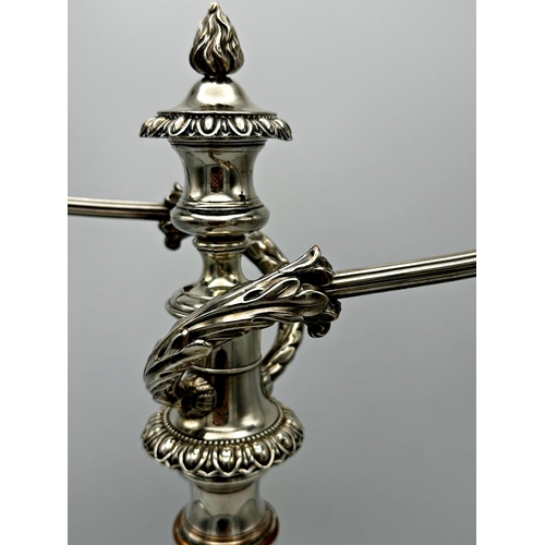 349 - Pair of Georgian style silver plated twin branch candelabra, 57cm high