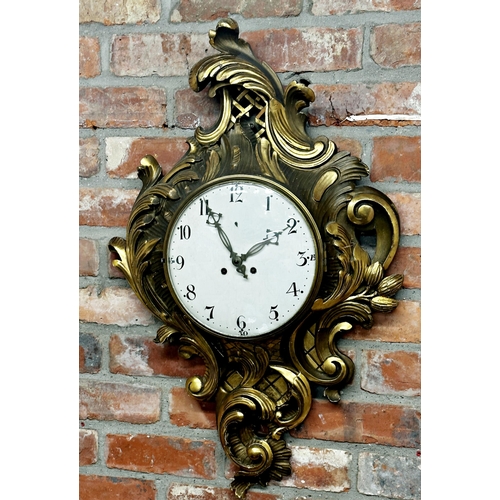 87 - Interesting late 19th century Chippendale style Cartel carved giltwood wall clock, large dial with A... 