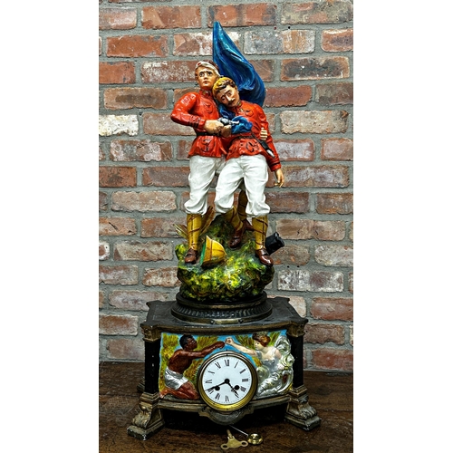 89 - Victorian Napoleonic Boer War 'The Last Stand' figural mantel clock, mounted by two solders with han... 