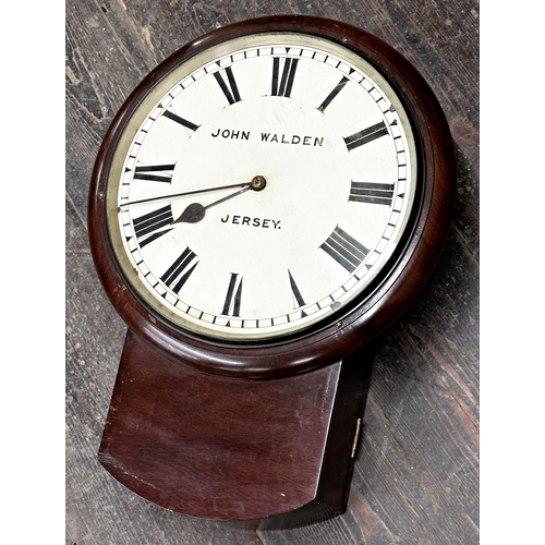 91 - 19th century John Walden of Jersey industrial fusee drop dial wall clock, with interesting wind feat... 