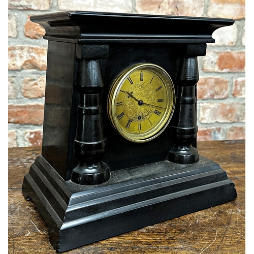 95 - English heavy slate mantel clock with Empire style dial, engraved floral paisley decoration, English... 