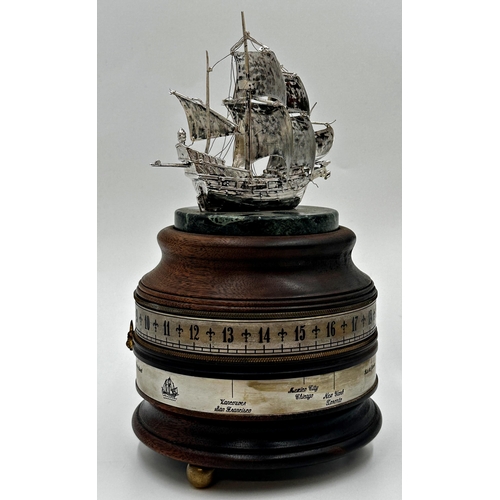 88 - Interesting nautical Charles Frodsham commemorative world time clock, mounted with silver galleon, i... 