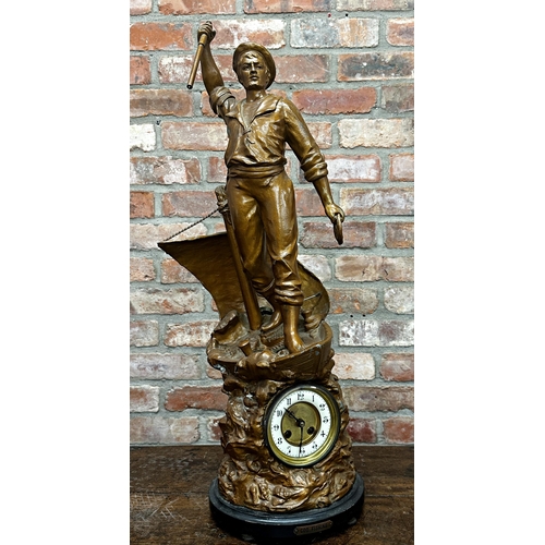 90 - Cast bronzed spelter figural mantle clock, 'Cod Fishing', two train dial with Arabic numerals, origi... 