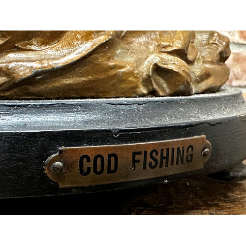 90 - Cast bronzed spelter figural mantle clock, 'Cod Fishing', two train dial with Arabic numerals, origi... 