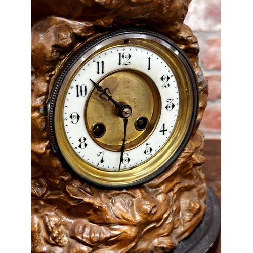 90 - Cast bronzed spelter figural mantle clock, 'Cod Fishing', two train dial with Arabic numerals, origi... 