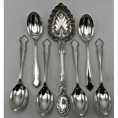 294 - Set of six silver Albany coffee spoons with further silver collectors spoon, 3.5oz approx