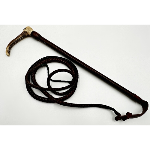 743 - Antique horn handled leather whip by Maxwell of London