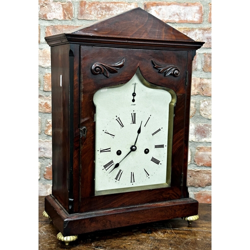 96 - 19th century flame mahogany English bracket clock with Taj Mahal dial bezel, carved decoration to fr... 