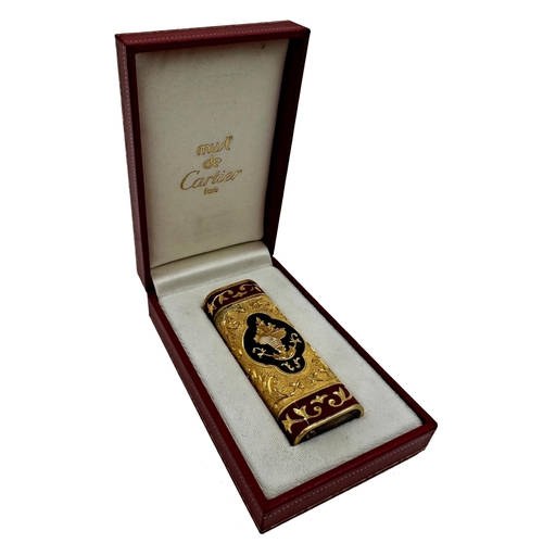 391 - Good gold plated Cartier lighter with Oriental enamelled decoration, in original box with dust bag, ... 