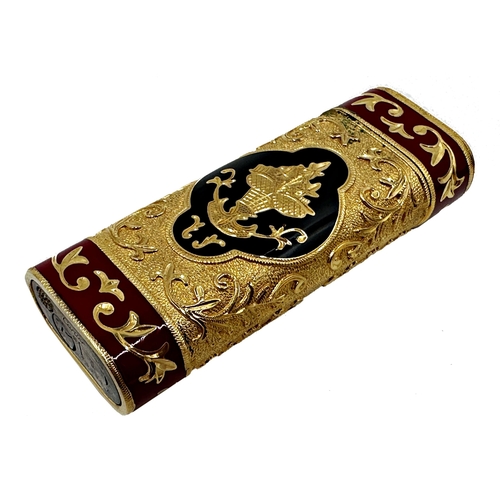 391 - Good gold plated Cartier lighter with Oriental enamelled decoration, in original box with dust bag, ... 