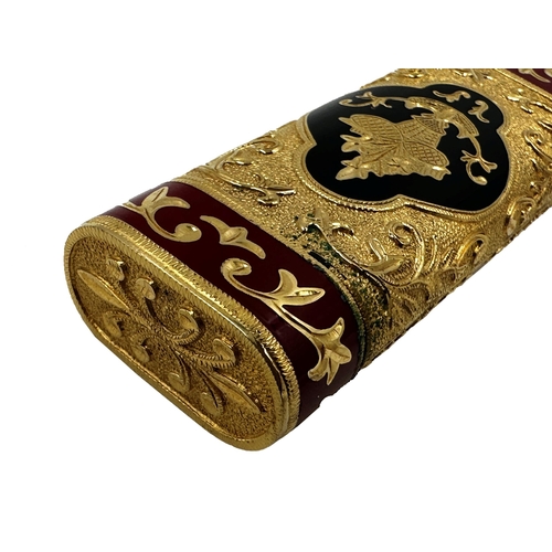 391 - Good gold plated Cartier lighter with Oriental enamelled decoration, in original box with dust bag, ... 