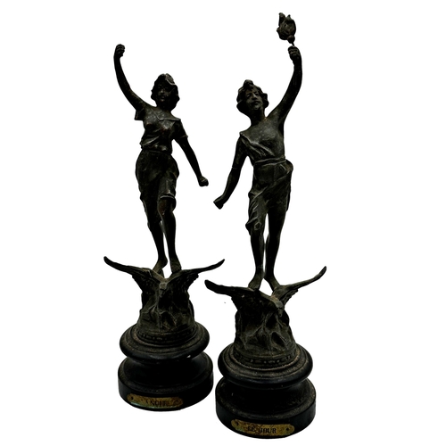 615 - Pair of French spelter figures, one labelled 'La Nuit' the other 'Le Jour', 35cm high (2)