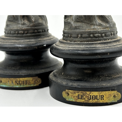 615 - Pair of French spelter figures, one labelled 'La Nuit' the other 'Le Jour', 35cm high (2)