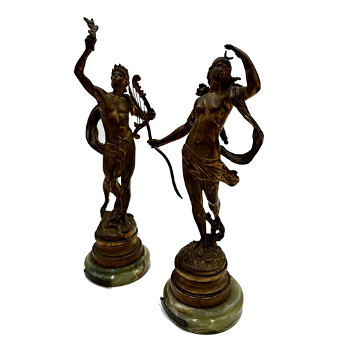 617 - Pair of gilt spelter figures 'Diane' and 'Apollon' clock garnitures, 30cm high (2)