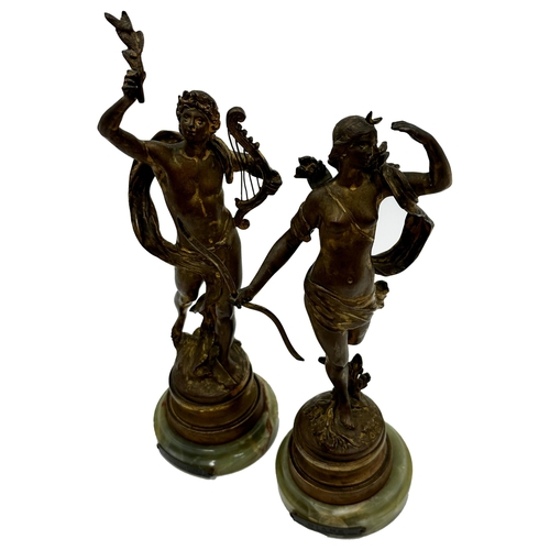 617 - Pair of gilt spelter figures 'Diane' and 'Apollon' clock garnitures, 30cm high (2)