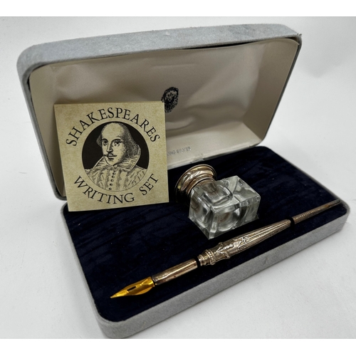 310 - 'Shakespeares Writing Set' - cased silver fountain pen and silver topped inkwell