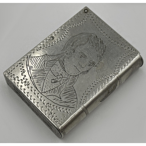 381 - Antique white metal vesta case, engraved with a bust of a gentleman and a handshake, inscribed Bill ... 