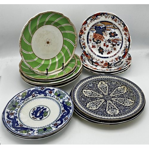 487 - Large collection of various ironstone plates to include a Booths desert service decorated with birds... 