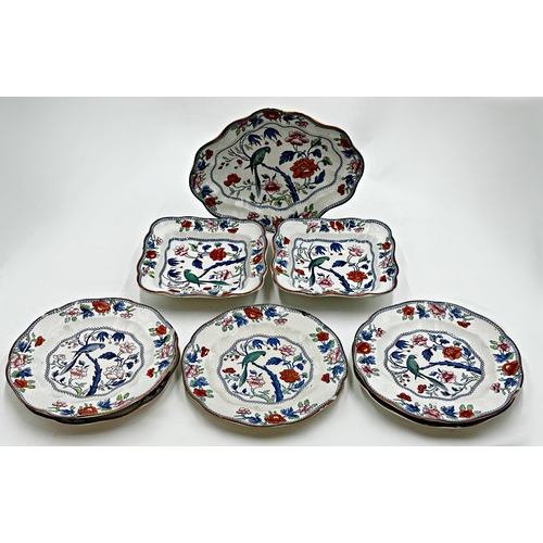 487 - Large collection of various ironstone plates to include a Booths desert service decorated with birds... 