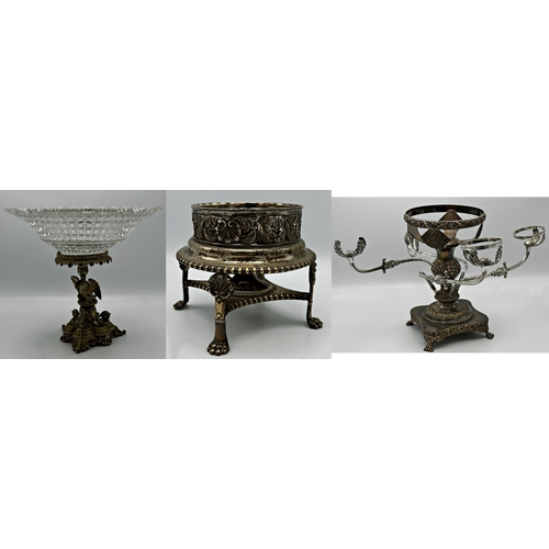 346 - Three late 19th century silver plated centrepieces comprising a four branch epergne, an eagle column... 