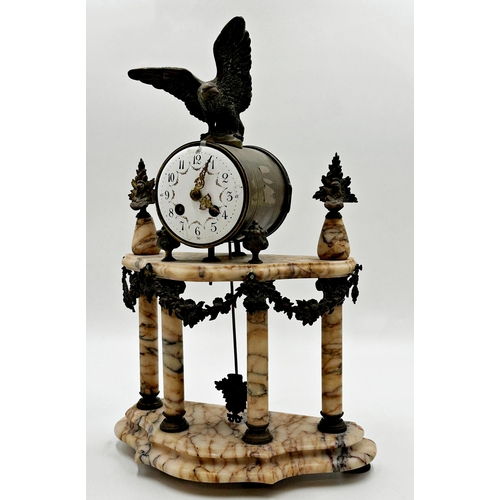 55 - 19th century French bronze and marble portico clocks, mounted by an eagle, twin train painted enamel... 