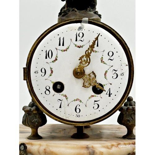 55 - 19th century French bronze and marble portico clocks, mounted by an eagle, twin train painted enamel... 