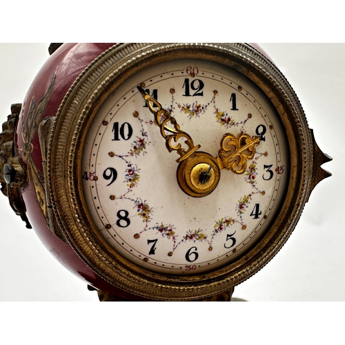 97 - Interesting desk clock with gilt metal decoration, enamel dial with floral sprays and Arabic numeral... 