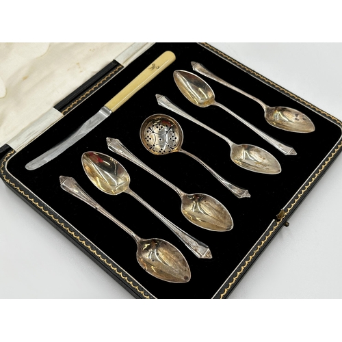 288 - Case silver suite of six teaspoons with sifter spoon and steel butter knife, further cased set of si... 