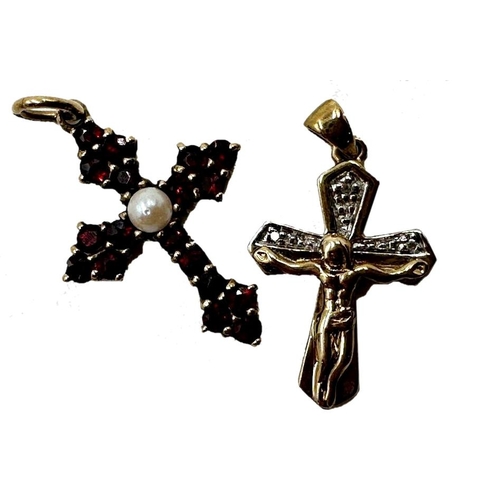 124 - 9ct garnet and pearl set cross pendant, 25mm high with a further Italian gold and illusion set diamo... 