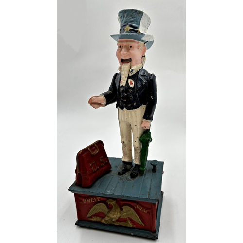 618 - Vintage cast iron Uncle Sam money box, 29cm high