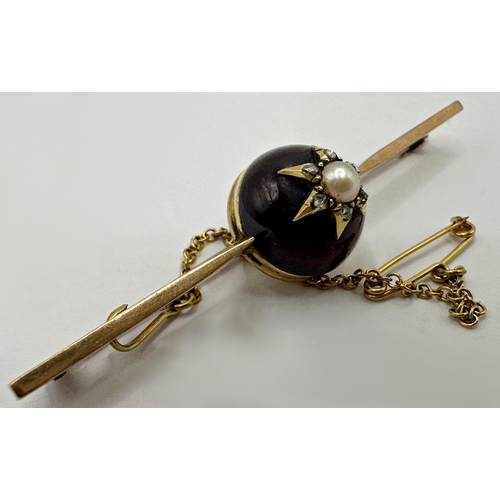 146 - Antique 9ct bar brooch, with large garnet fitted with a pearl framed by diamonds, 6.5cm long, with y... 