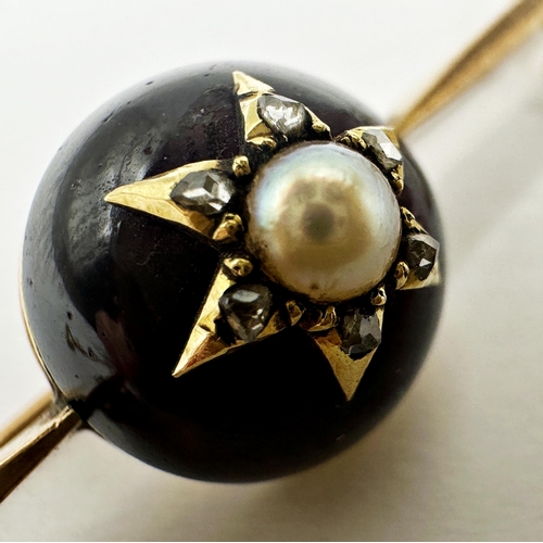 146 - Antique 9ct bar brooch, with large garnet fitted with a pearl framed by diamonds, 6.5cm long, with y... 