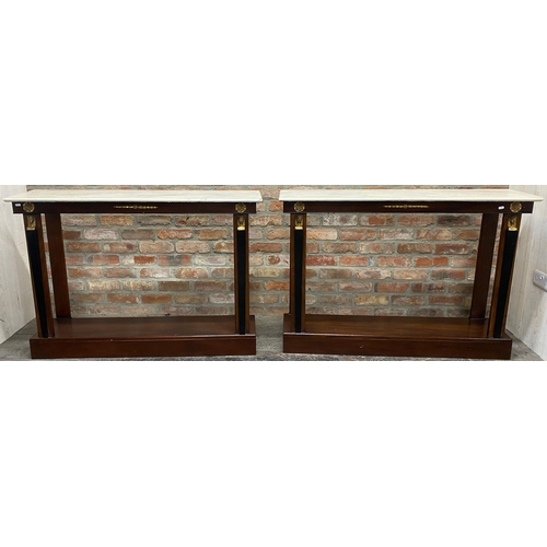 1321 - Pair of French Empire style mahogany console tables with faux painted marble tops and gilt applied P... 