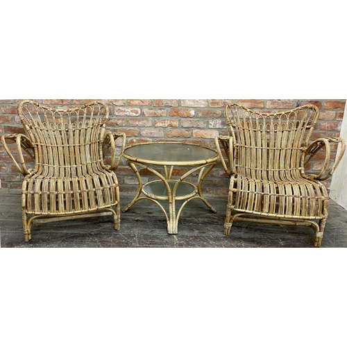 1235 - 1950's Heal and Son Ltd pair of cane work lounge chairs and two tier glass and cane coffee table, th... 