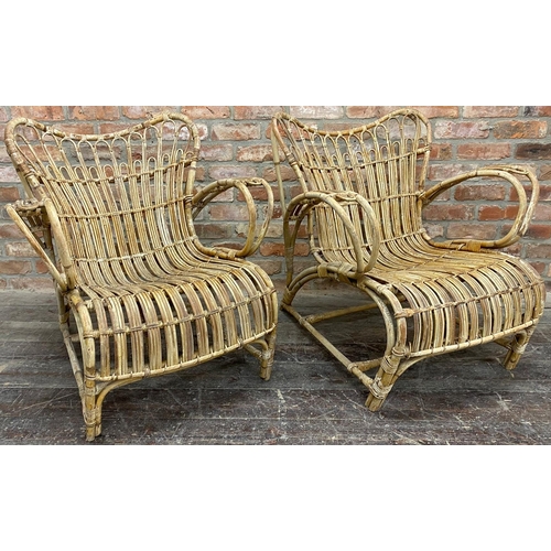 1235 - 1950's Heal and Son Ltd pair of cane work lounge chairs and two tier glass and cane coffee table, th... 