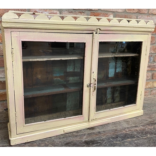 1327 - Indian rustic painted teak glazed wall cupboard, 72 x 97.5cm