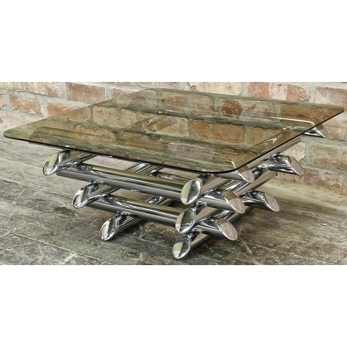 1219 - Possibly by Willy Rizzo stylized chrome coffee table with smoked glass top, 33 x 71cm