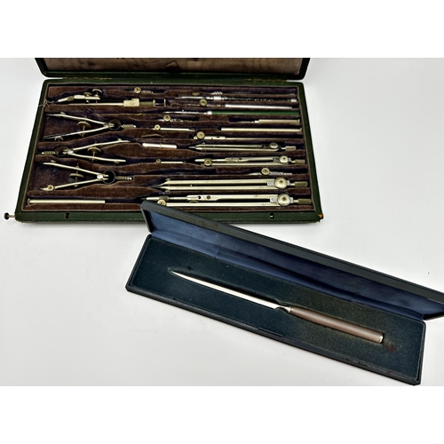 727 - Norton & Gregory cased engineers measuring kit, with a silver handled letter opener (2)