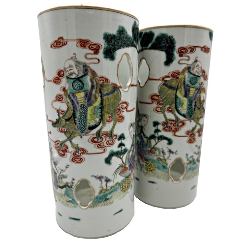 532 - Exceptional quality pair of late 19th century Chinese porcelain cylindrical wig stands painted with ...
