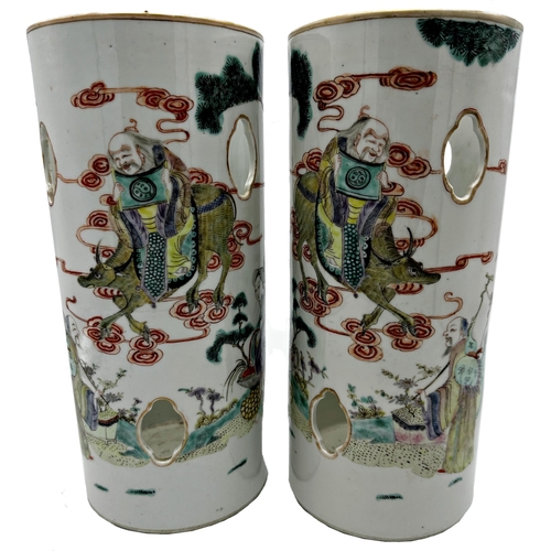 532 - Exceptional quality pair of late 19th century Chinese porcelain cylindrical wig stands painted with ... 