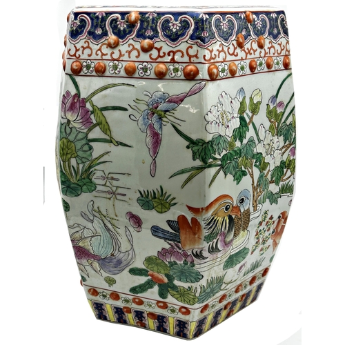 535 - Chinese porcelain hexagonal garden seat, enamelled with fish, ducks and lotus flowers, 46cm high x 3... 